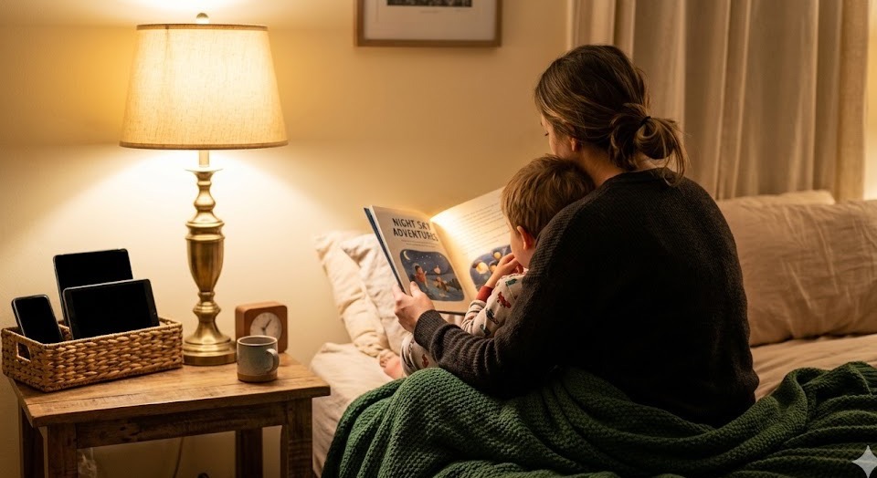 A parent reading a bedtime story to a child, devices dark in a basket beside them