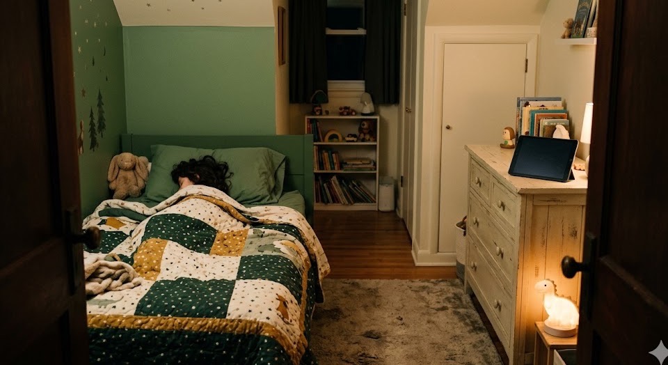 A child asleep under a quilt, the tablet dark on the dresser, a nightlight glowing